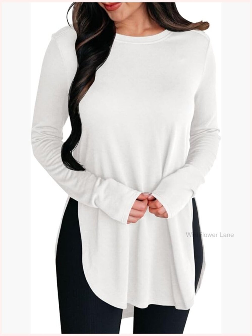 Long Sleeve Tunic Top Crew Neck Side Split Hi-Low Hem Loose Fit Shirt